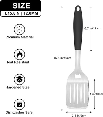 15.8'' Stainless Steel Grill Spatula for Outdoor Grill, 3-in-1 Metal BBQ Spatula Turner with Full Tang Silicone Handle and Serrated Edge, Heavy Duty Barbecue Tools Spatula for Grilling Cooking