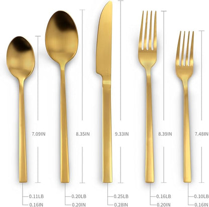 Stainless Steel Flatware Set Hand Forged 18/10 Silverware Set Cutlery Set Gold Cuboid Handle Matte Finished 20 Pieces Service for 4