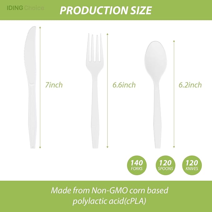 380 Count Heavy Duty Compostable Cutlery Set 140 plastic forks 120 spoons 120 knives eco-friendly no plastic silverware compostable utensils for Weddings, Parties, Office, Camping, Picnic