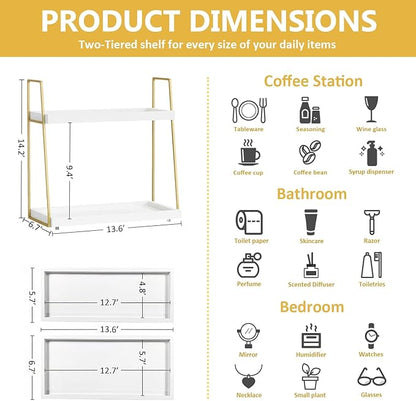 Coffee Bar Organizer for Countertop, 2 Tier Wooden Shelf for Coffeebar