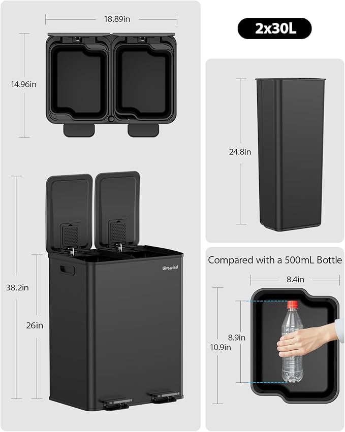 Lovewind Kitchen Trash Can, 2 x 8 Gallon Stainless Steel Trash and Recycle Bin