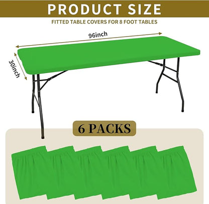 6 Pack Fitted Tablecloth for 8 Foot Rectangle Tables, Green Elastic Outdoor Picnic Table Cover, Washable Stretch Folding Table Cloths 8 ft for Camping Party Patio Kitchen Banquet, 30" W x 96" L