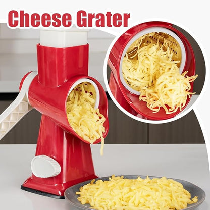 KEOUKE Rotary Cheese Grater Hand Crank Red - Shredder Slicer Grinder 3 Stainless Steel Blades, Stable Suction, Labor-Saving Handle, Safe Kitchen Tool for Cheese, Vegetable, Nuts, Chocolate