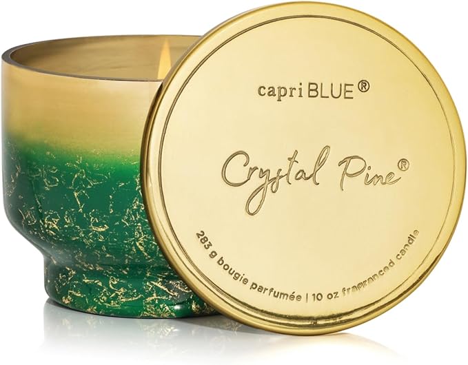 Capri Blue Crystal Pine Scented - Glimmer Inverted Jar Candles - Soy Candles - Holiday Candle with Emerald Green & Gold Ombre Glass Candle Holder (10 oz)