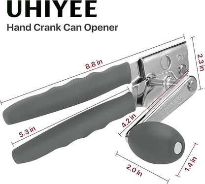 Commercial Can Opener, UHIYEE Hand Crank Can Opener Manual Heavy Duty with Comfortable Extra-long Handles, Oversized Knob, Large Handheld Can Open Easy for Big Cans, Gray