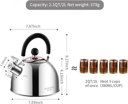 304 Stainless Steel Whistling Tea Kettle 2.1 Quart/2L, Suitable to Boiling Water & Tea on Induction Stove, Gas Stove Top