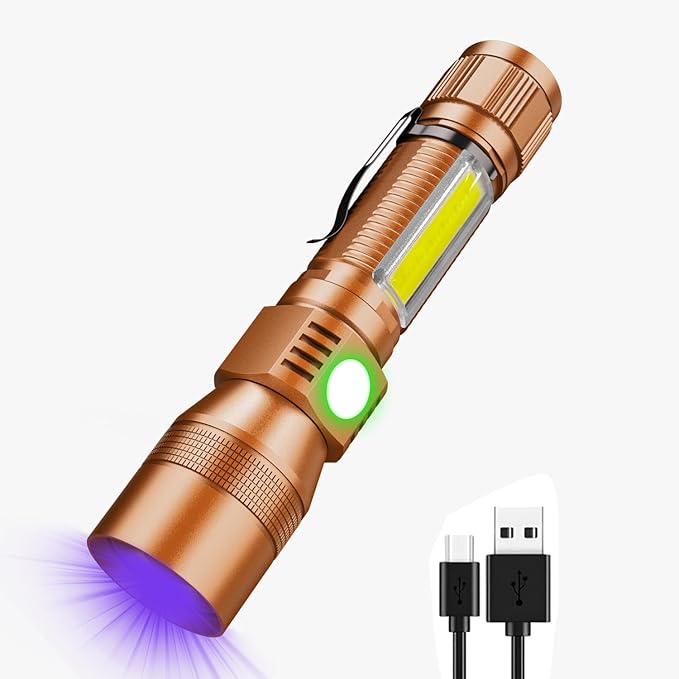 UV Flashlight Black Light, USB Rechargeable Flashlight with Magnetic Base - High Flash Light, Side Light, 7 Modes, Zoomable, Waterproof ??LED Torch for Mechanics Pet Urine Stains Detection, Brown(1)