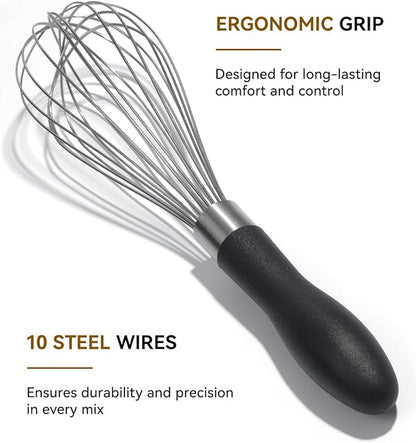 10-Inch Stainless Steel Kitchen Whisk, Ergonomic, Non-Slip Handle, Dishwasher Safe, Perfect for Beating Eggs, Mixing Batter, Whipping Cream