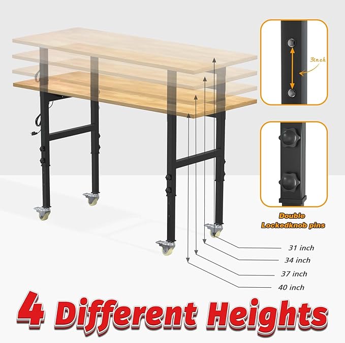 60"x24" Adjustable Workbench with Wheels, Solid Wood Top Work Bench, 2000 LBS Heavy-Duty Worktable with Power Outlets, Portable Work Station for Repair Shop, Workshop, Office
