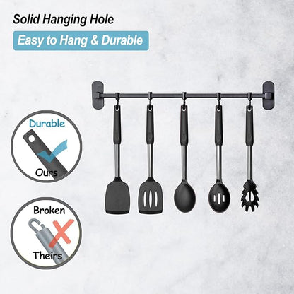 Silicone Spatula and Cooking Spoon,5 Pack Non-Stick Cooking Utensils for Kitchen，Heat Resistant Solid & Slotted Spoons and Spatulas, Stainless Steel Handle Coated with Silicone,Black