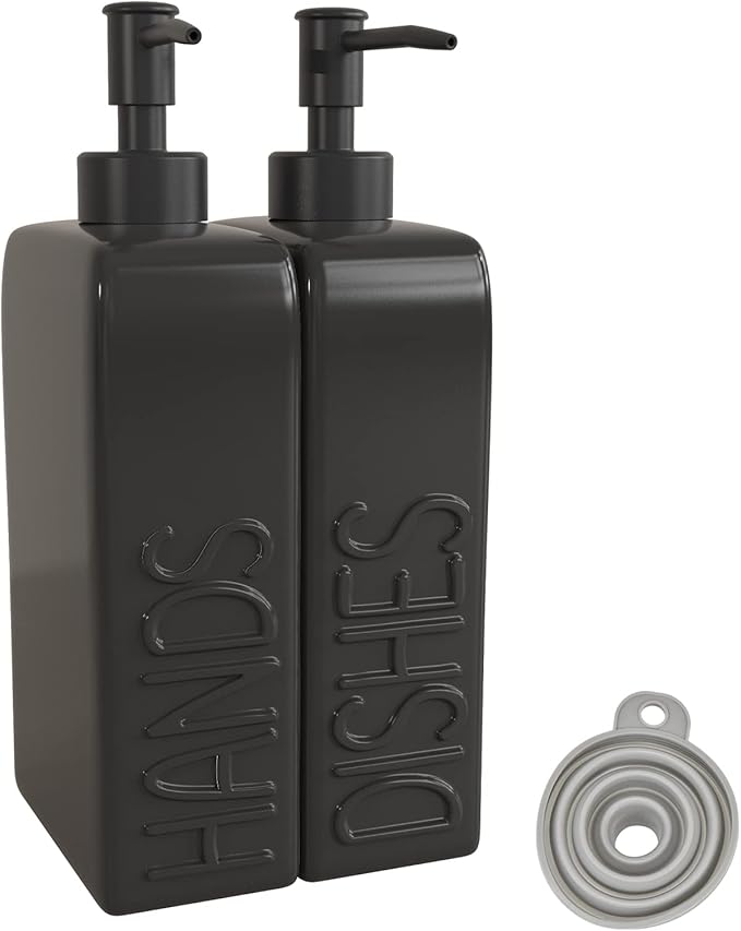 Soap Dispenser Set with Stainless Steel Pump, 2 Pack Ceramic Refillable Dish