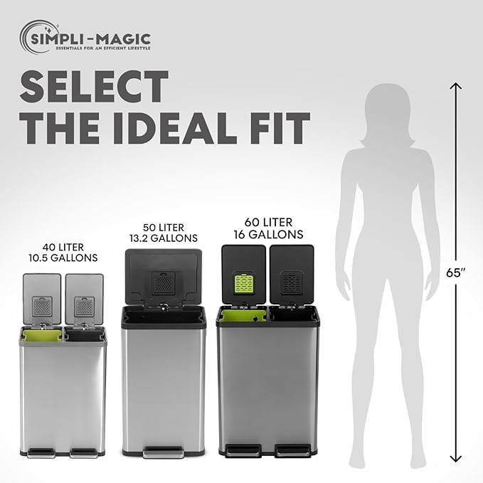 Simpli-Magic 16 Gallon Elegant Black Step Trash Can – Dual Compartment Kitchen