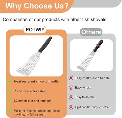 Fish Spatula Stainless Steel, Slotted Turner with Silicone Handle and Curved Blade, Metal Spatula for Cast Iron Skillet, Kitchen Cooking Flipper for Fish, Egg and Burger, 11.7 Inch