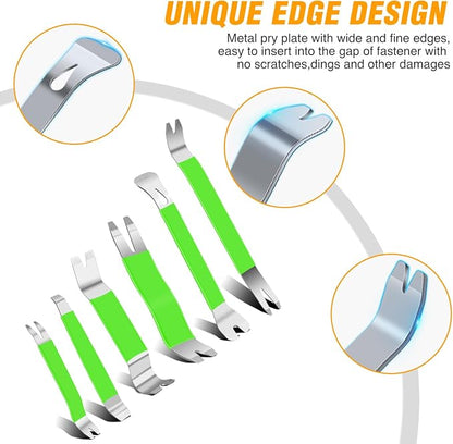 GOOACC 11 PCS Trim Removal Tool Kit, Metal Pry Tool Auto Fastener Remover Pry Bar Set Car Door Panel Removal Tool Dashboard Repair Kit Green