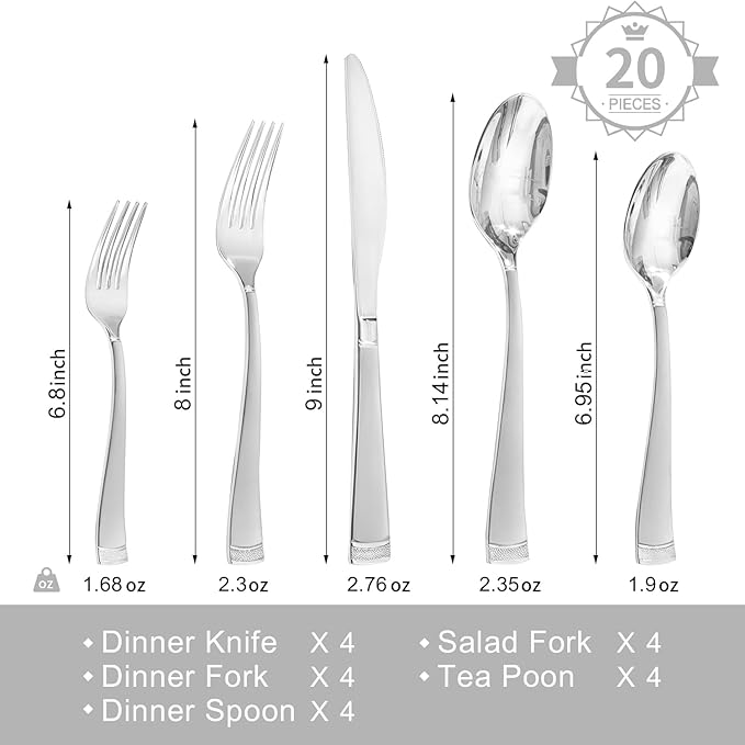 KINGSTONE Silverware Set, 20-Piece Flatware Set for 4, 18/10 Stainless Steel Cutlery Set with Bead Edge, Utensil for Kitchen, Home, Party, Wedding, Mirror Polished, Dishwasher Safe, Featured Gifts