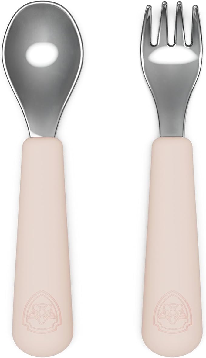 Lalo PAW Patrol Utensils - Toddler Fork and Spoon Set - Stainless Steel and Silicone Ergonomic Toddler Utensils - Children Safe Flatware Set - 2 Pieces - Skye