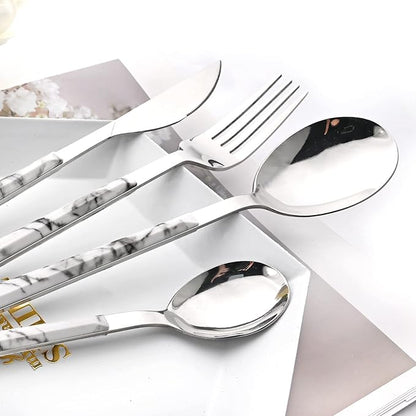 20 Piece (4 Set) Silver Stainless Steel Tableware With White Marble Handle, Wedding Cutlery And Daily Use, Silverware For Home Restaurant Party, Mirror Finished
