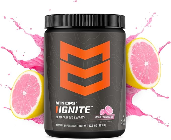 MTN OPS Ignite Energy Drink Powder, Gluten Free Nootropic Supplement Drink Mix, L Arginine, L Citrulline, Caffeine & Nootropic Sugar Free Drink Mix, 45 Servings, Pink Lemonade