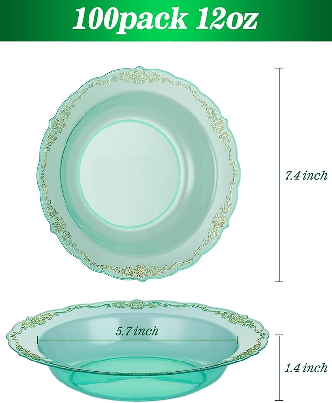 100 Pack Clear Green Plastic Bowls with Gold Rim, 12oz Plastic Salad Bowl, Disposable Bowls for Party, Dinners, Weddings, Christmas, Thanksgiving