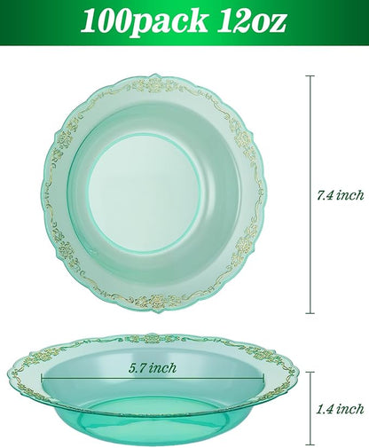 100 Pack Clear Green Plastic Bowls with Gold Rim, 12oz Plastic Salad Bowl, Disposable Bowls for Party, Dinners, Weddings, Christmas, Thanksgiving