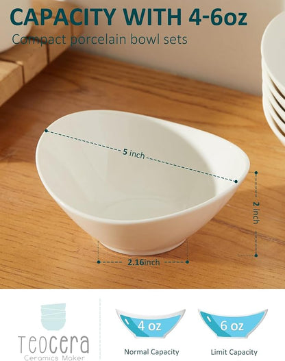 Teocera 5 Inch Porcelain Small Bowls Set, 6 Ounce small serving bowls for Dessert, Ice Cream, Snack, Dipping, Side Dishes, Microwave & Dishwasher Safe- White