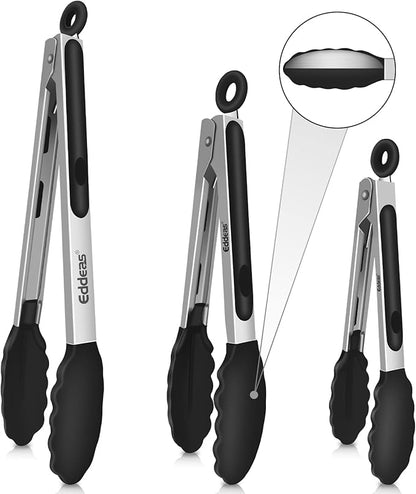Kitchen Tongs with Silicone Tips, Tongs for Cooking Heat Resistant 600 Degrees Stainless Steel Locking Tong - 7" 9" & 12 inch Silicone Tong Non-Stick, Black Set of 3