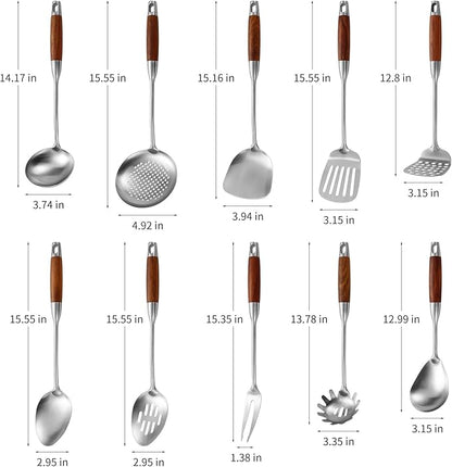 Stainless Steel Kitchen Utensils Set with Wood Handle, 18/10 Metal Cooking Utensils Set, 10-Piece - Spatula, Spoon, Ladle, Skimmer, Slotted Turners, Pasta Server, Fork, Masher(Dishwasher Safe)