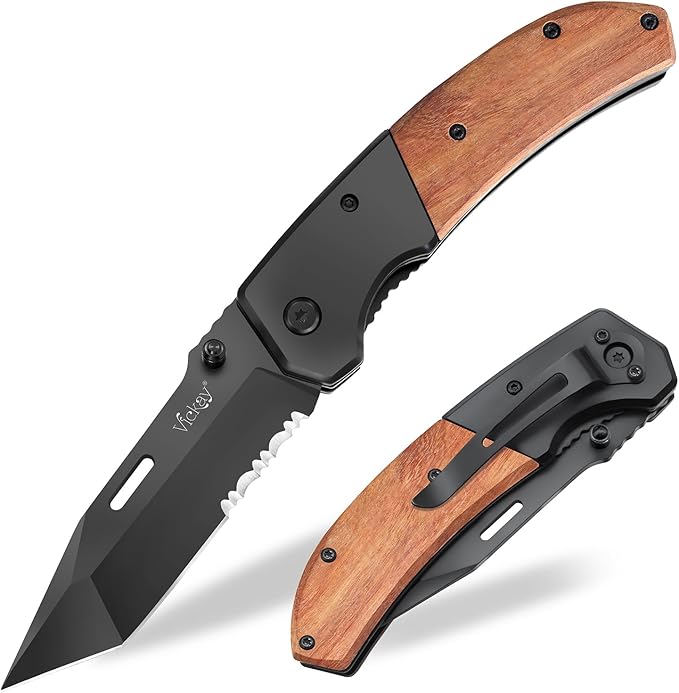 Vickay Pocket Knife, Folding Knife with Clip - 3.54??Black Serrated Steel Blade, Wood Handle EDC Knife for Men & Women, Outdoor Camping, Tactical, Hunting, Hiking, Survival - Father?™s Day Gift