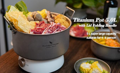 Boundless Voyage Outdoor Camping Titanium Pot 5.0L Stockpot with Lid Folding Handle Hiking Picnic Portable Big Capacity Soup Pot Home Kitchen