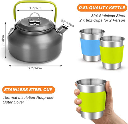 Odoland 16pcs Camping Cookware Set with Folding Camping Stove, Non-Stick Lightweight Pot Pan Kettle Set with Stainless Steel Cups Plates Forks Knives Spoons for Camping Backpacking Outdoor Picnic