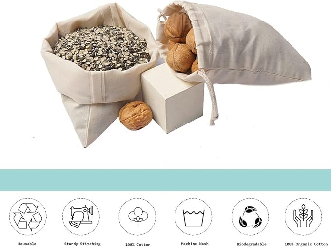 100Pcs 6 x 10 Inches Premium Cotton Muslin Double Drawstring Bags, Reusable Bag Natural Cotton Bags with Drawstring Produce Bags Bulk Gift Bag Jewelry Pouch for Party Wedding Home Storage