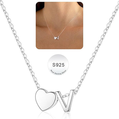 Turandoss S925 Sterling Silver Heart Initial Necklaces for Girls Teen Girls, Dainty S925 Sterling Silver Tiny Heart Initial Necklace Letter Necklaces Trendy Jewelry Gifts for Girls Teen Girls