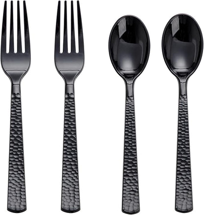 KIRE 400PCS Black Plastic Spoons and Forks Disposable - Black Plastic Silverware Set Disposable Cutlery - 200 Forks, 200 Spoons for New Year/Wedding