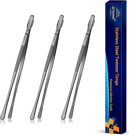 JETKONG 3 Pcs 9-Inch Serving Tweezer Tongs Kitchen Tweezers Stainless Steel Cooking Tweezers (9 9 9 Inch, Black)