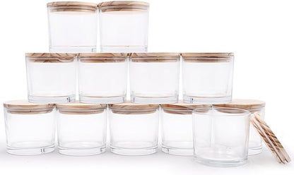 12 OZ Thick Candle Jars for Making Candles 12 Pcs, Empty Jars with Wood Lids for Spice Jars, Sample Container, Clear