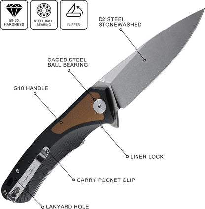 Petrified fish PF838 D2 steel folding knife outdoor tactical pocket knives G10 handle camping hunting Cutter EDC tool (Brown, Stonewash)
