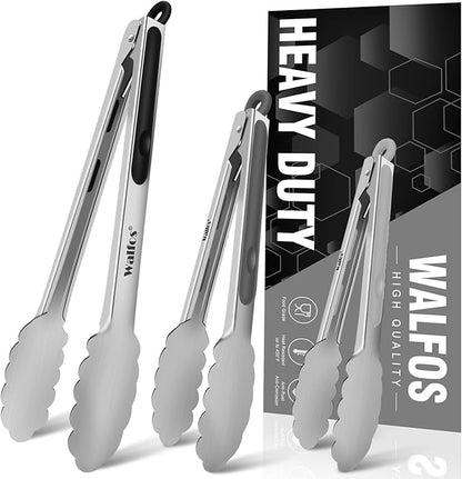 Walfos Stainless Steel Kitchen Tongs for Cooking- 7 ，9 and 12 Inch, Food Grade Metal Tongs for Cooking, BBQ, Set of 3 Heavy Duty Locking Cooking Tongs Non-Slip Grip