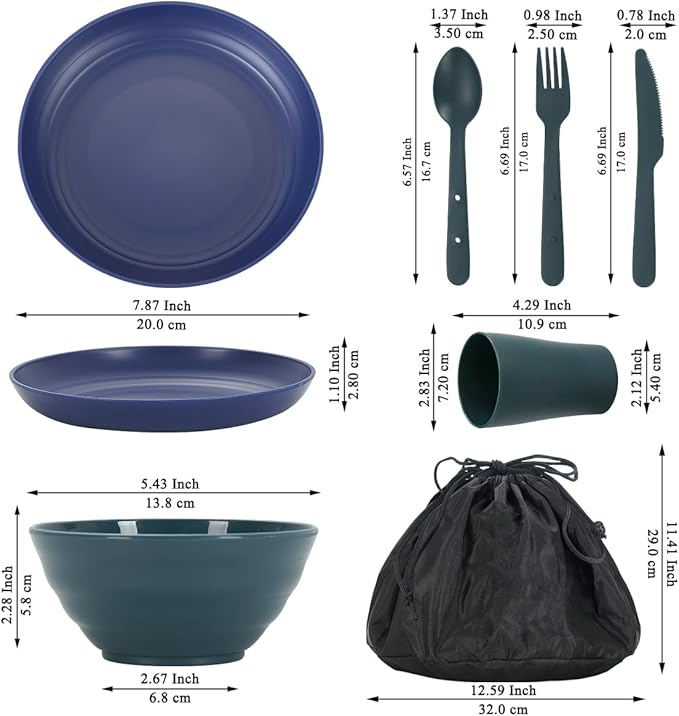 Camping Mess Kit for 2 with Bowl, Plate, Cup, Spoon, Fork, Knife and Carry Bag, Plastic Camping Accessories Essentials Gear for Couple Travel, Picnic, Outdoor, Easy to Carry