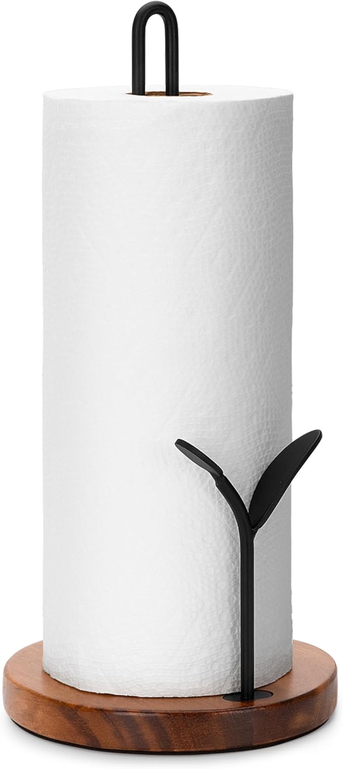 Wood Paper Towel Holder Countertop, Leaf-Shaped Accent Iron Rods