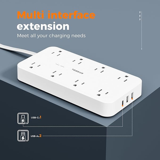 Power Strip with Surge Protection, TESSAN Flat Plug Extension Cord with 8