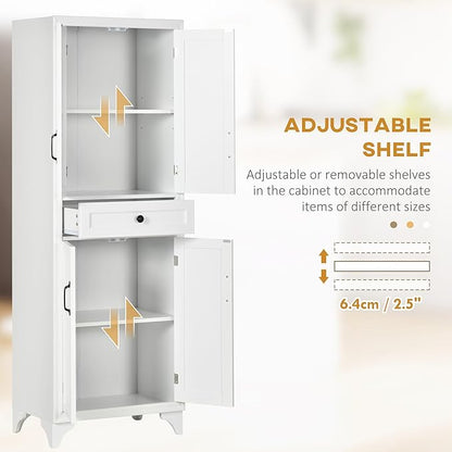 HOMCOM 67" Tall Freestanding Kitchen Pantry Cabinet, 4-Door Storage Cabinet with Drawer and Adjustable Shelves for Dining Room, White