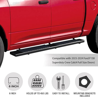 COMNOVA Running Boards Compatible with 15-26 Ford F150 Crew Cab(4 Full Size Doors) Side Steps for 2017-2026 Ford F250 F350 Super Duty Crew Cab.6 Inches Black Powder Coated Running Boards & Steps
