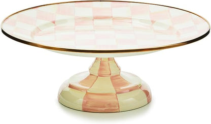 MACKENZIE-CHILDS Enamel Pedestal Platter, Round Cake Stand, Small, Pink-and-White Rosy Check