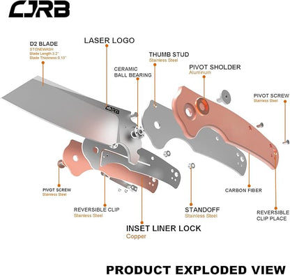 CJRB Crag Folding Pocket Knife, 3.43" D2 Steel Blade Copper Handle EDC Knife with Pocket Clip for Men Women Camping Survival Hiking, Stone Wash (J1904)