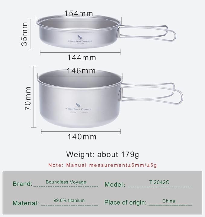 iBasingo Backpacking Cookset Titanium Camping Pots Set Ultralight Outdoor Picnic Pots Pans with Folding Handle Druable Portable Cooking Mess Kit Compact Picnic Dishes Bowls Cups (Multiple Sizes)