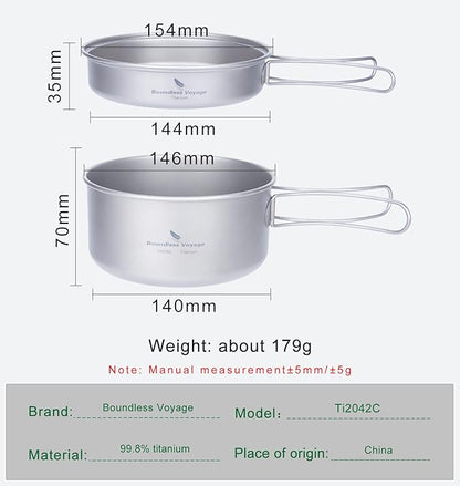 iBasingo Backpacking Cookset Titanium Camping Pots Set Ultralight Outdoor Picnic Pots Pans with Folding Handle Druable Portable Cooking Mess Kit Compact Picnic Dishes Bowls Cups (Multiple Sizes)