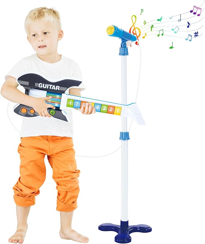 deAO Kids Guitar and Microphone Set with Stand Adjustable Height Music Light Karaoke Music Toys Christmas Birthday Gift for Kids Boys Girls (Black)