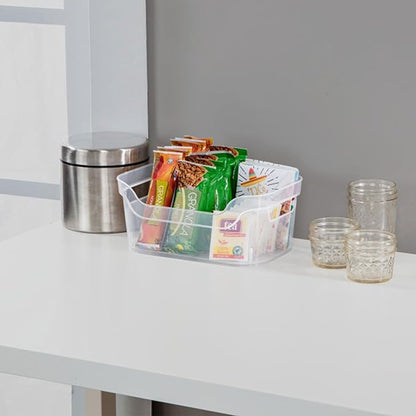 Sterilite 9.5 x 6.5 x 4 Inch Small Open Scoop Front Clear Storage Bin with Comfortable Carry Through Handles for Household Organization (16 Pack)