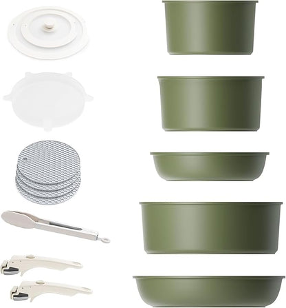 Caannasweis Detachable Nonstick Cookware Set - Stackable Induction Pots and Pans With Removable Handles, Dishwasher Safe - For RV Camping, Oven and Stovetop Use, 5 Pieces (Green)