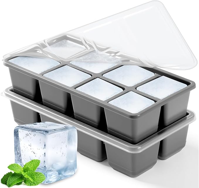Large Ice Cube Trays with Lid, Jrisbo 2 Pack Stackable Silicone Ice Cube Molds